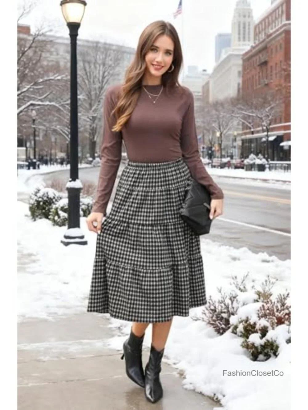 High Waisted Plaid Pleated Maxi Skirt Plus Size Fall Winter